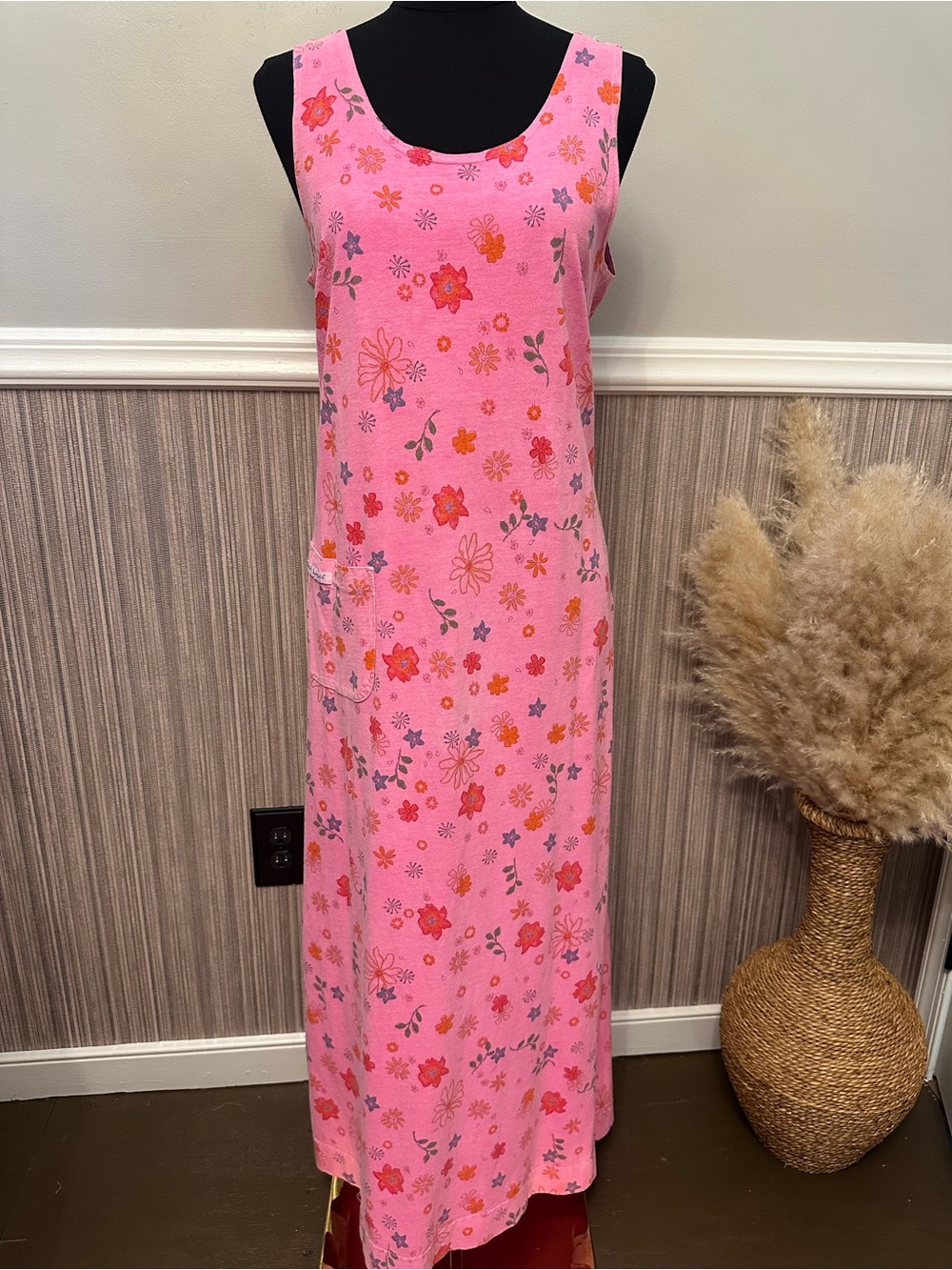 Vintage Fresh Produce Pink Floral Maxi Tank Dress M 100% Cotton USA